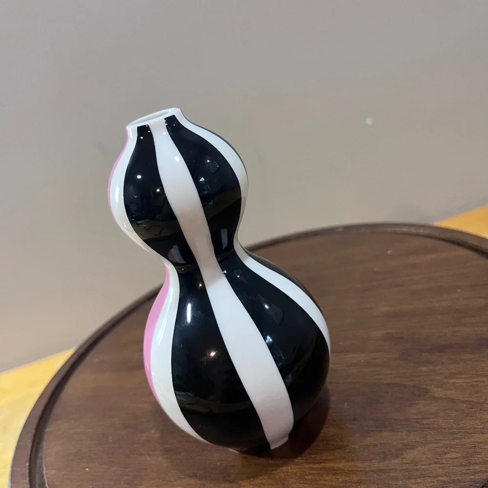 Jonathan Adler Barbie Bud Vase Pink Black White Striped Mod Gourd Porcelain 5.5